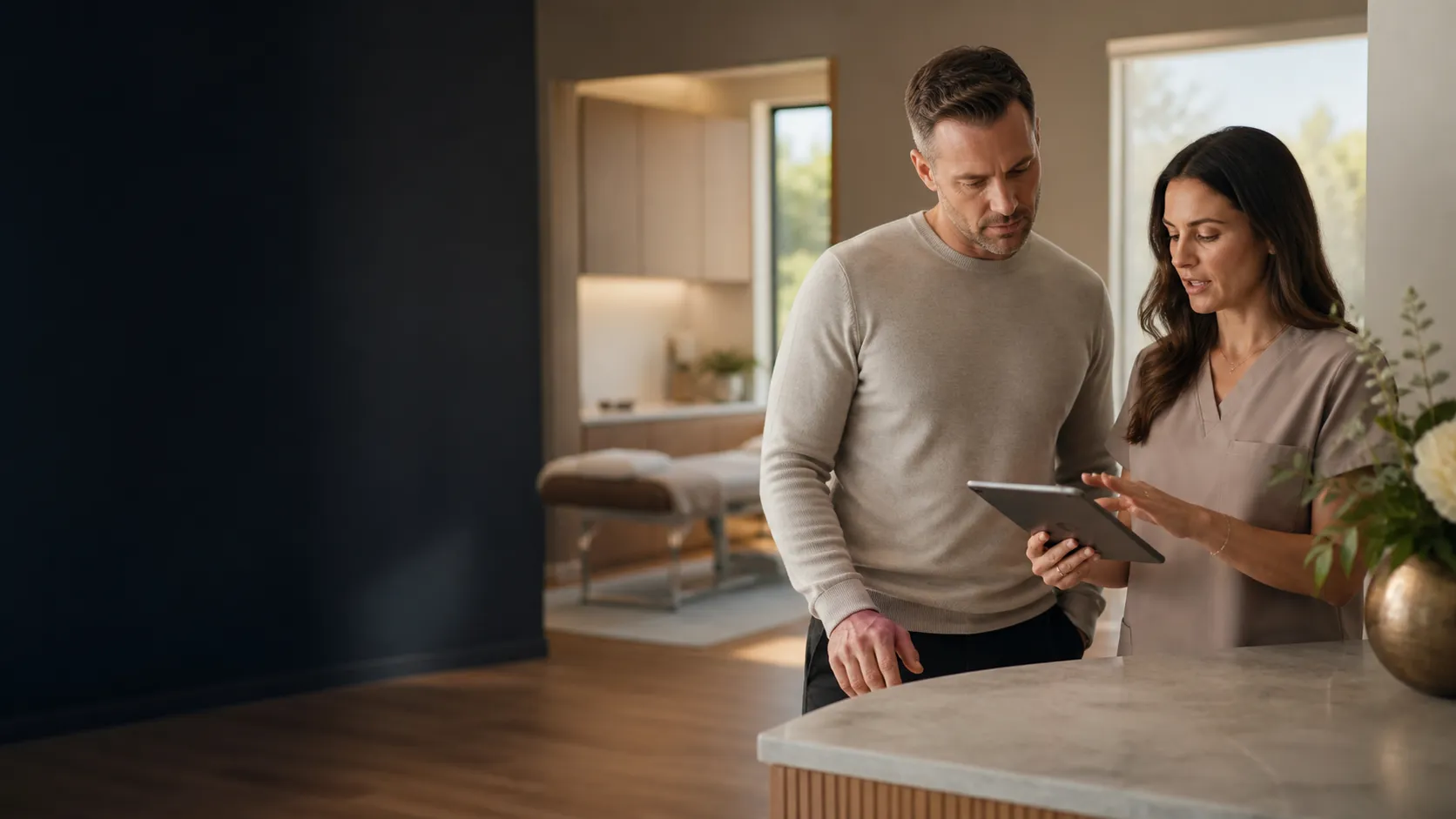 Clinic owner and nurse practitioner review a tablet at a consultation counter in a warm modern practice.