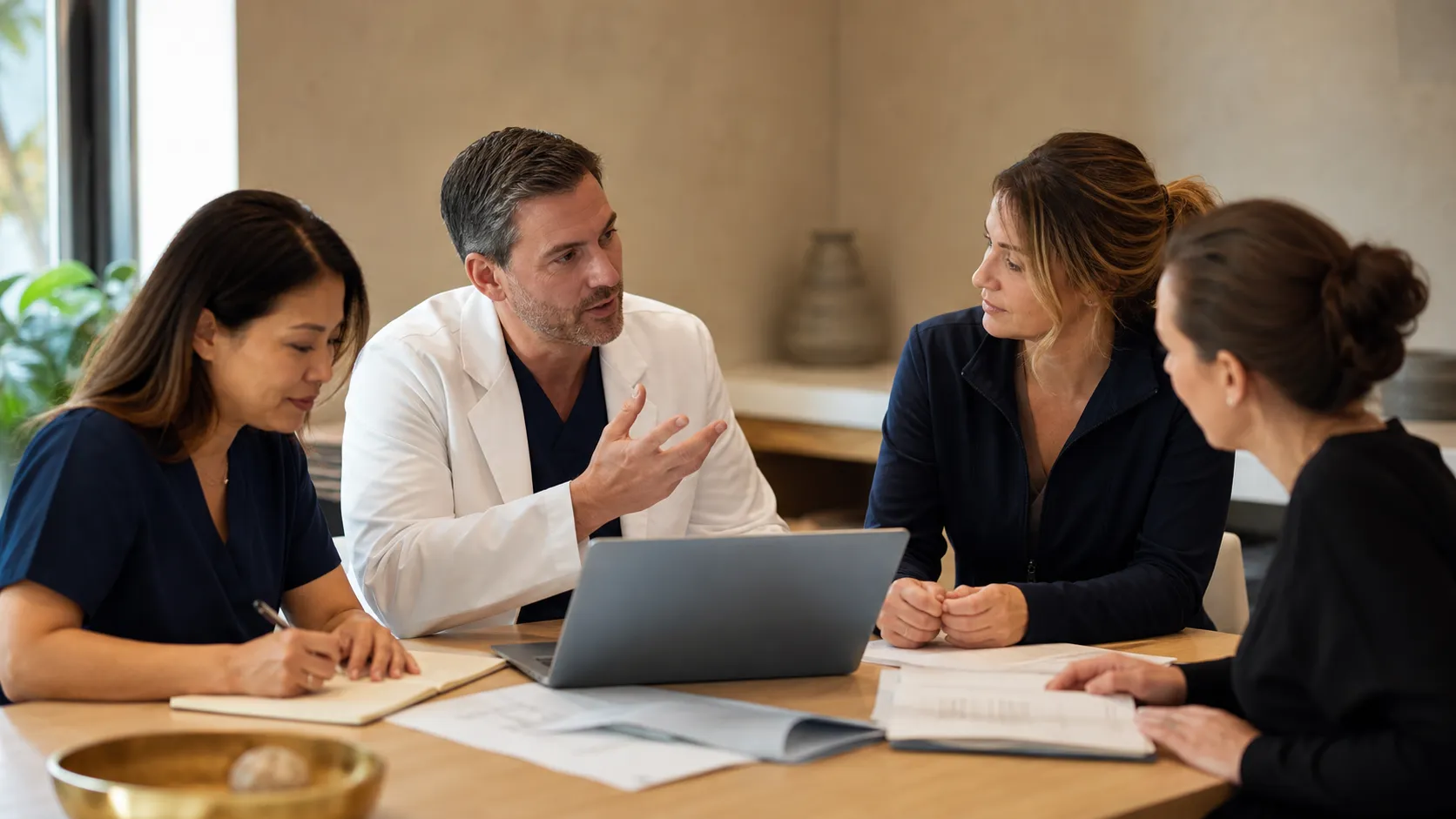 Four practice team members plan around a light wood table during a working session.