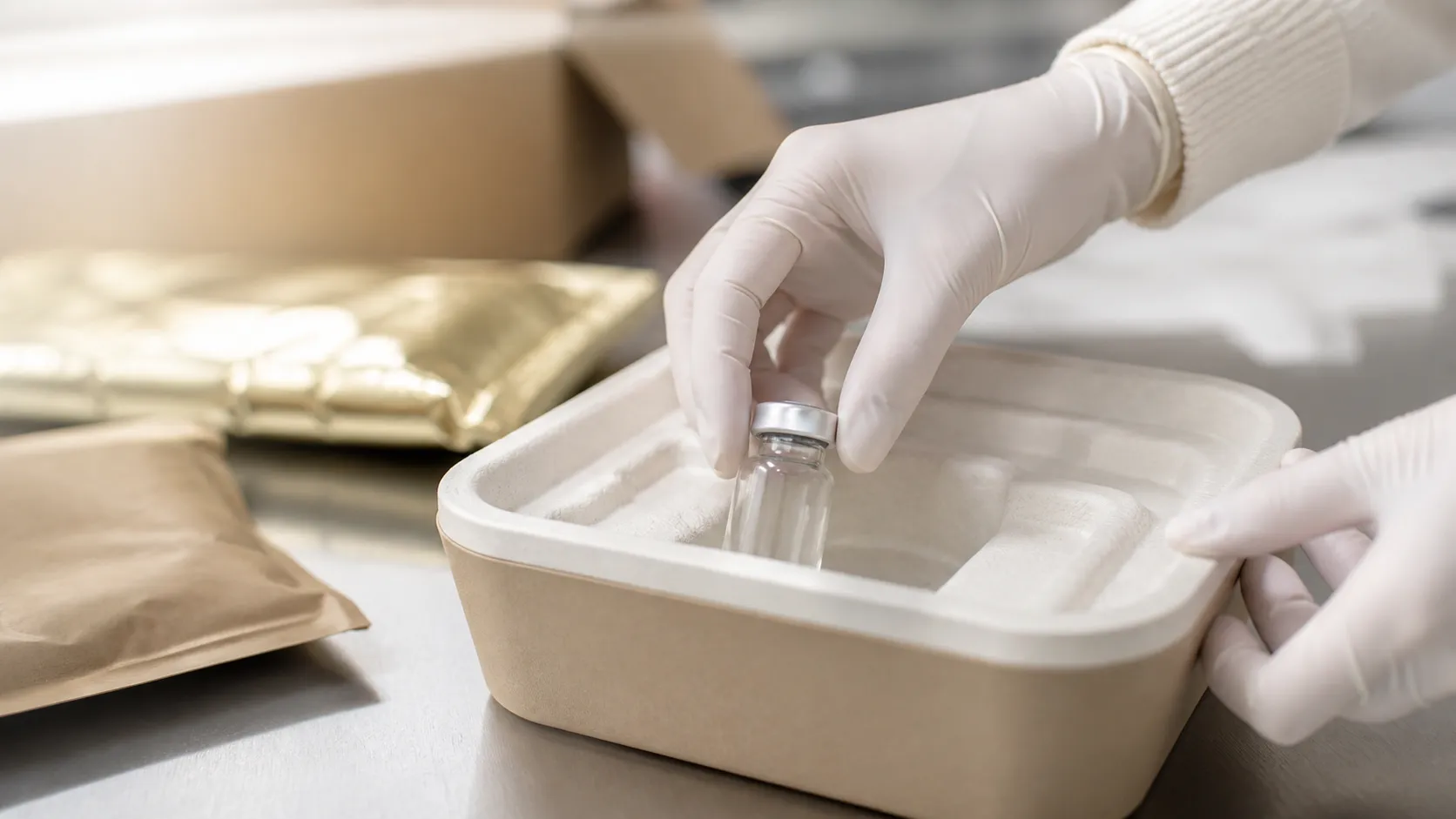 Gloved hands place an unlabelled glass vial into an insulated shipping tray.