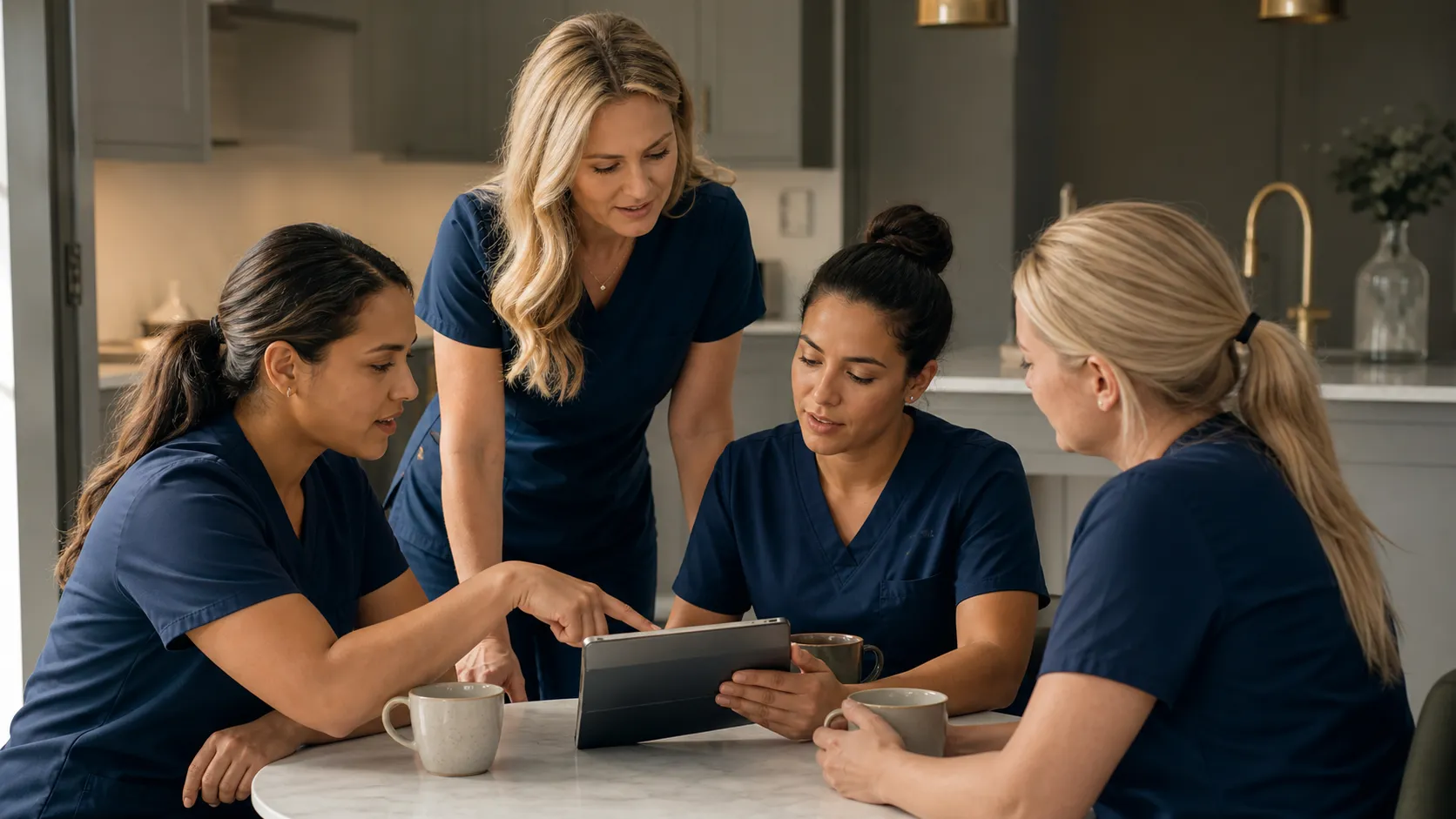 Clinician and three practice staff review a tablet together during a team huddle.