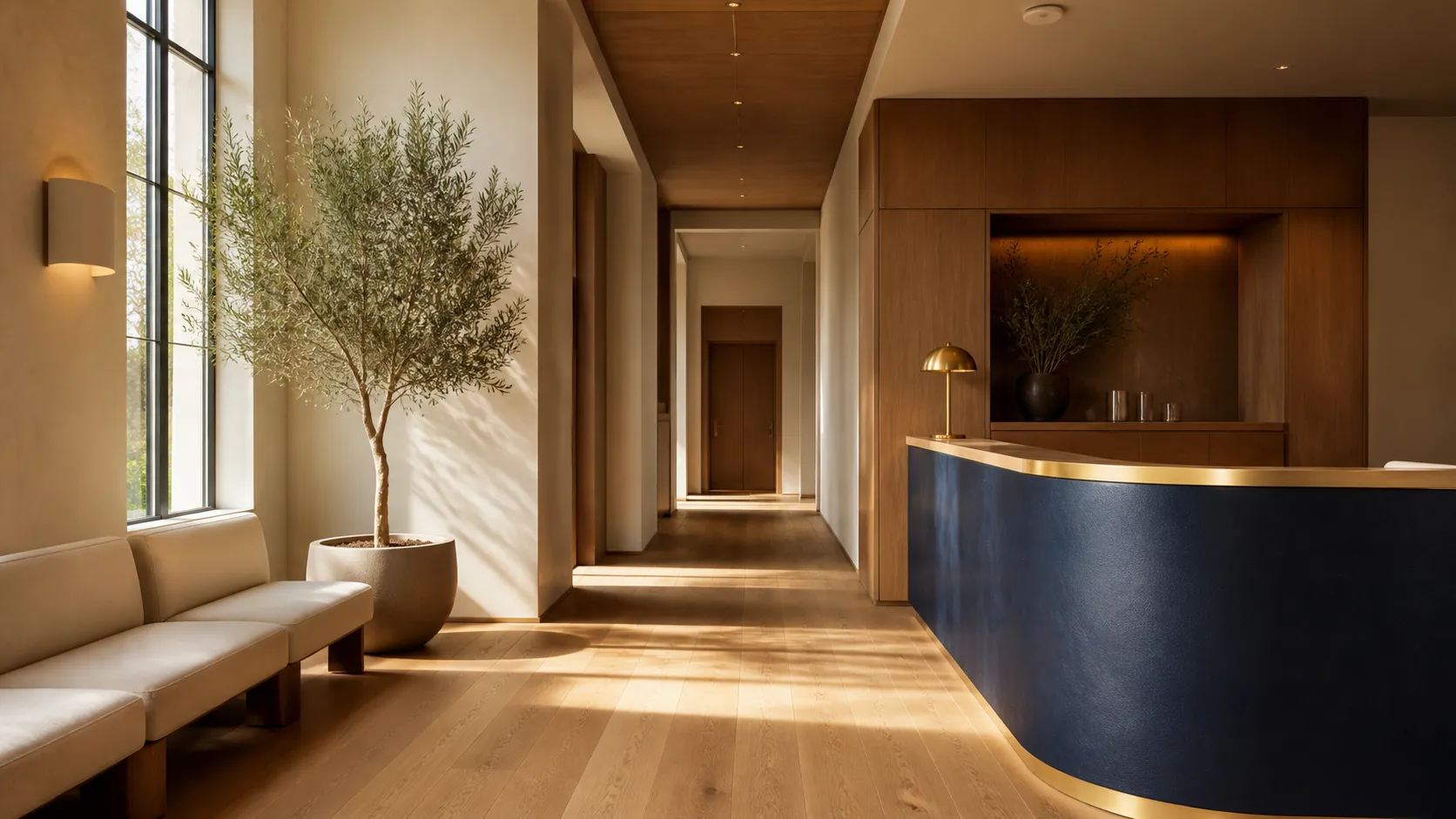 Empty upscale wellness-practice reception with warm wood, linen seating, and morning light.