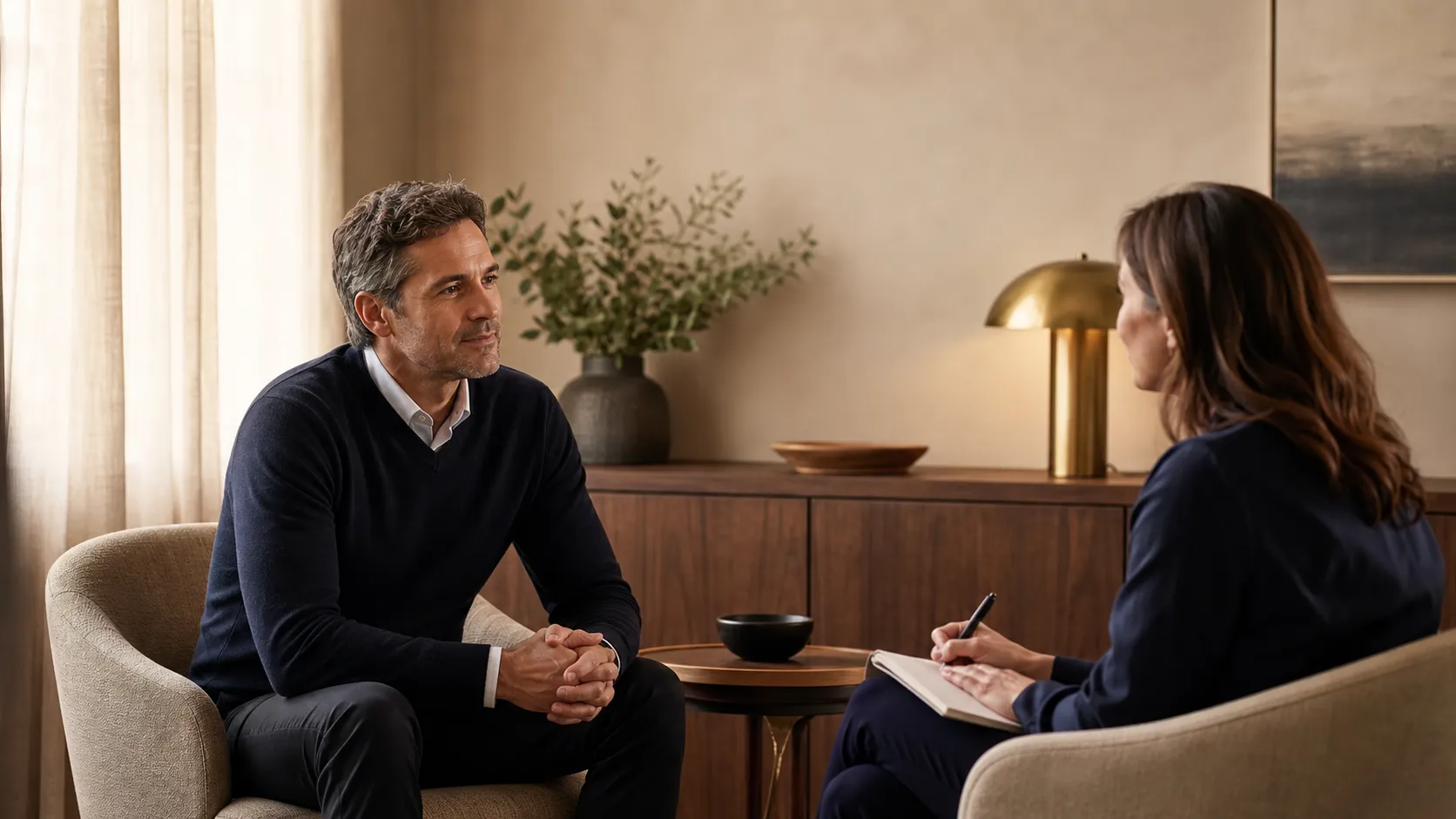 Clinician listens to a patient across a small table in a private, warmly lit consultation room.