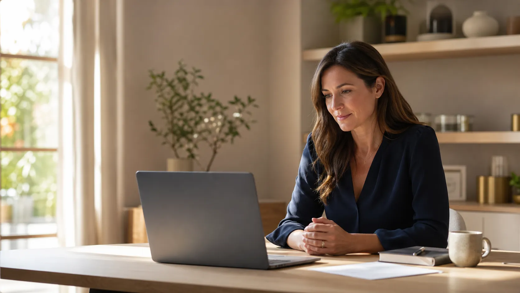 Clinician participates in a video consultation from a warm, uncluttered office desk.